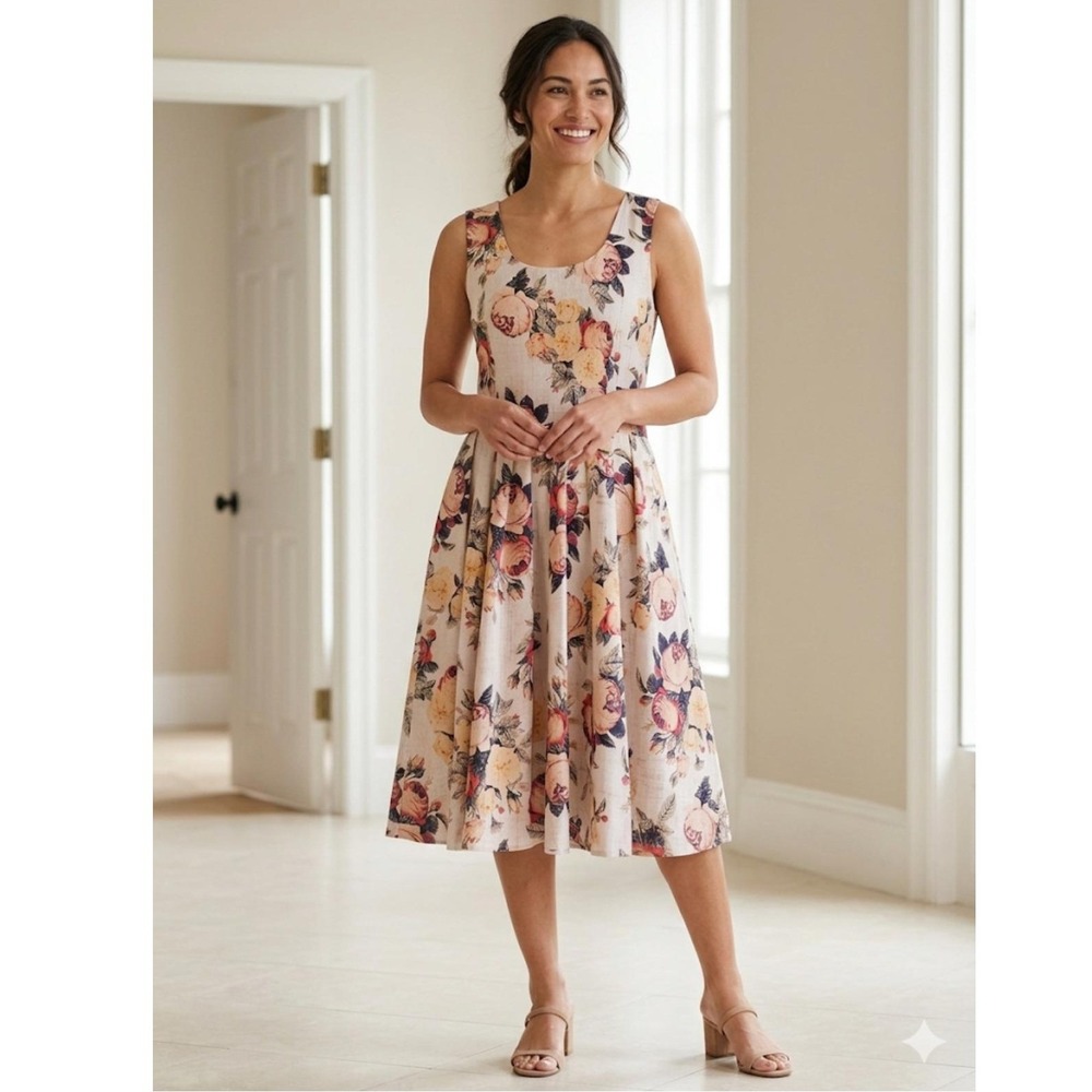 Peruvian Connection Floral Cotton Fit & Flare Midi Dress Roses Pink Yellow Sz 10